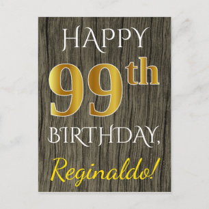 Cartão Postal Faux Wood, Faux Dourado 99º Aniversário + Nome P