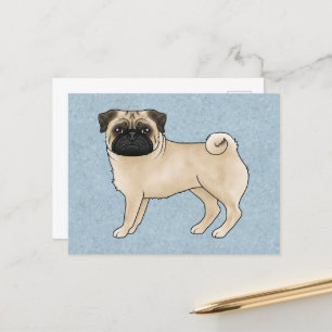 Cartão Postal Fawn Pug Canine Cãozinho Cartoon Illustração Azul