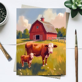 Cartão Postal Fazenda do Celeiro Vermelho Animais Vaca Pintura