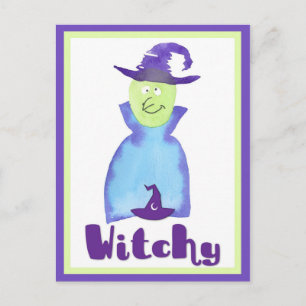 Cartão Postal Feiticeira de Aquarela de Coroa e Gorda de Hallowe