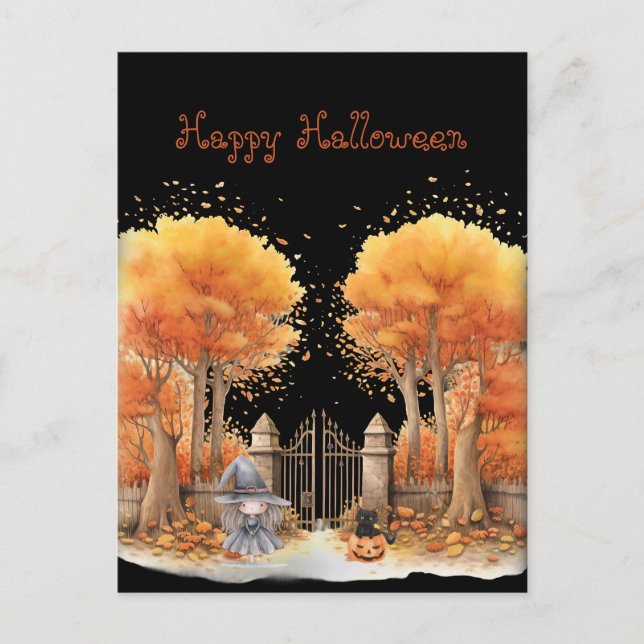 Cartão Postal Feiticeira e Gato fora do Portão Halloween (Frente)