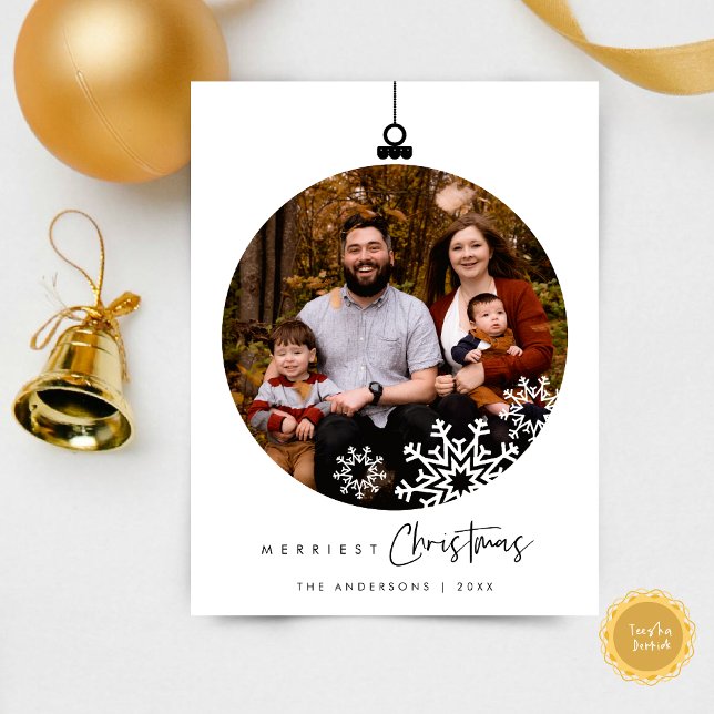 Cartão Postal Felicíssimo Natal Família Foto, Desejos Bola (Merriest Christmas Family Photo, Season Greeting Wishes Ball Snow Flakes Layover Postcard)