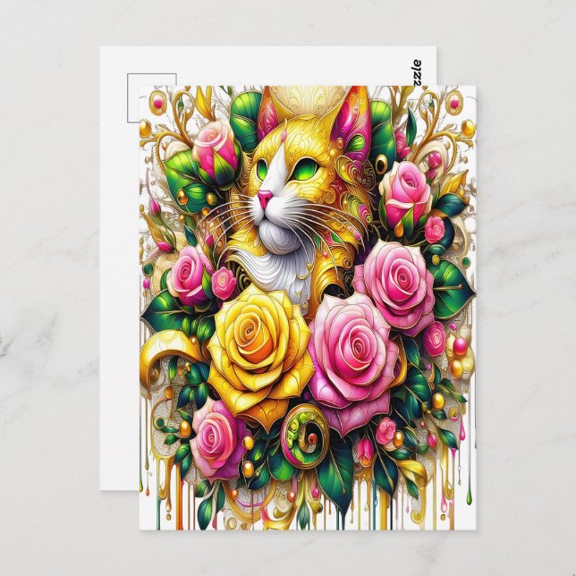 Cartão Postal Feline em meio a um Blogue Floral Vibrante (Frente/Verso)