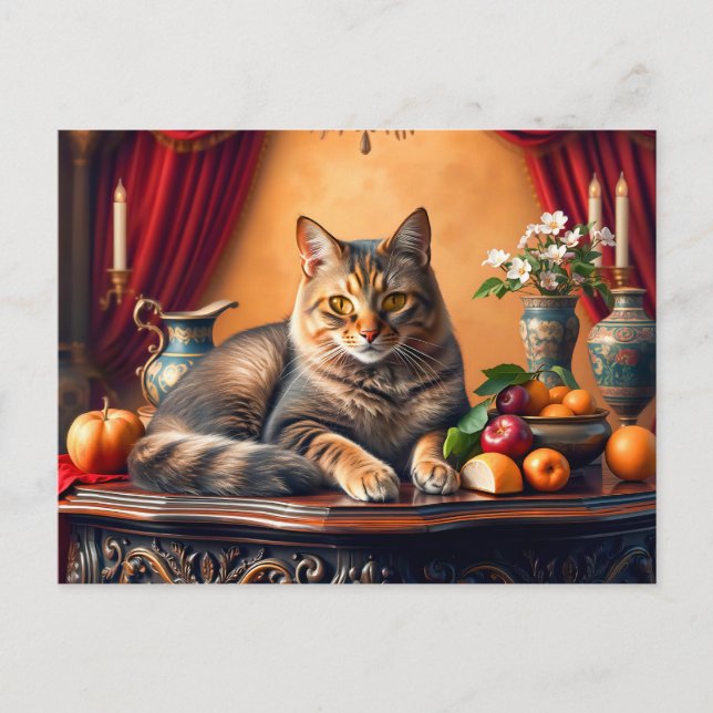 Cartão Postal Felino Elegante na Vida Fruta Estática (Frente)