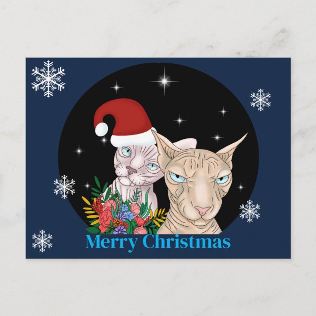 Cartão Postal Felinos de Natal sob o céu estrelado (Frente)