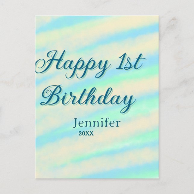 Cartão Postal Feliz 1º aniversário crianças bebê azul verde past (Frente)