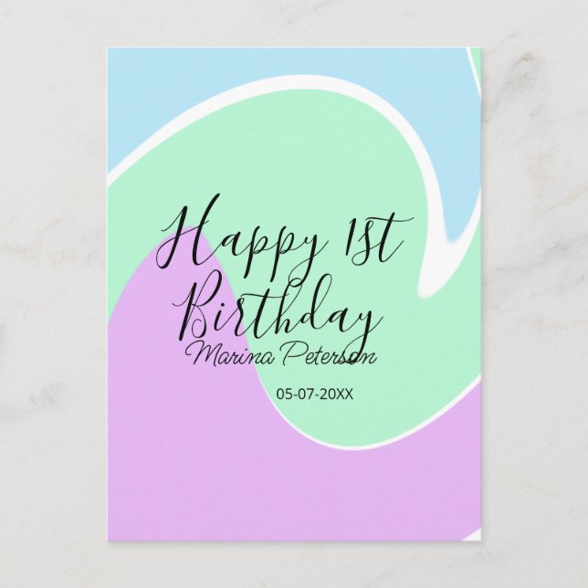 Cartão Postal Feliz 1º aniversário rosa verde azul acrílico derr (Frente)