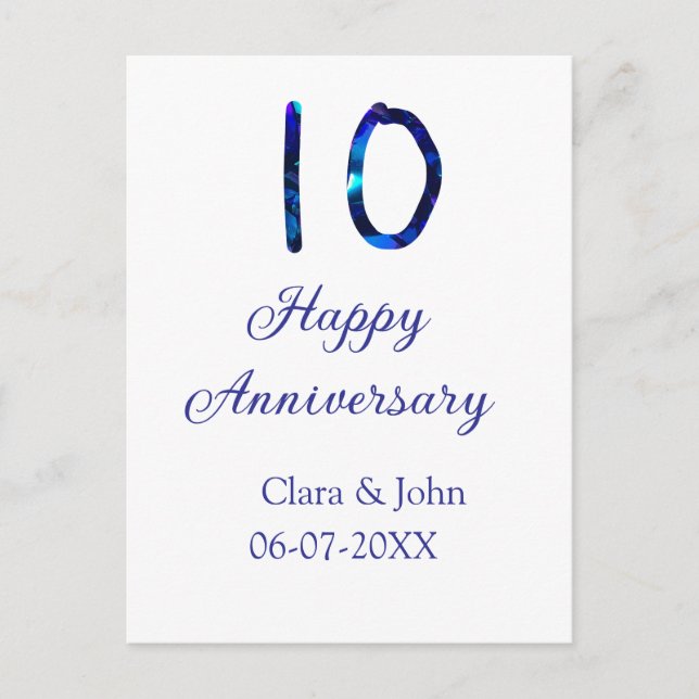 Cartão Postal Feliz 10º aniversário brilho azul adicionar nome d (Frente)