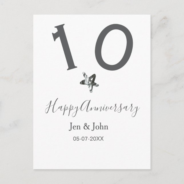 Cartão Postal Feliz 10.º aniversário nome data cinza estrela de  (Frente)