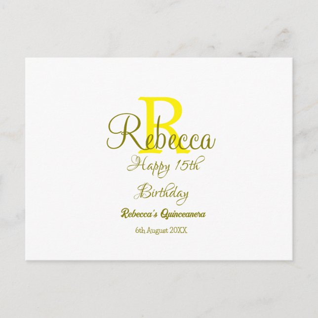 Cartão Postal Feliz 15º Aniversário amarelo adicionar nome monog (Frente)