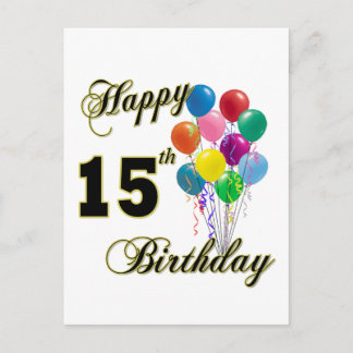Cartão Postal Feliz 15 Aniversário Presente e Roupa de Aniversár