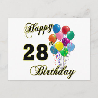 Cartão Postal Feliz 28º aniversário presente com balões