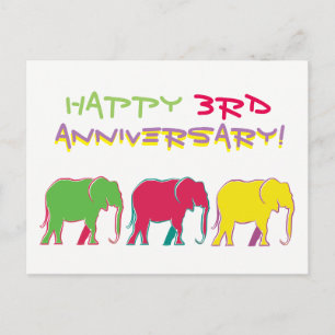 Cartão Postal Feliz 3º Aniversário Elefantes Silhueta Neon