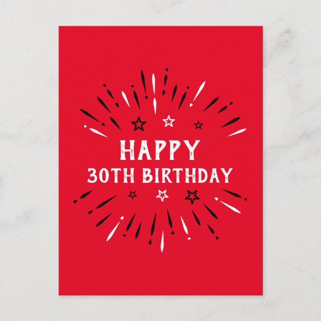 Cartão Postal Feliz 30º Aniversário Fogos de Artifício Vermelho  (Frente)