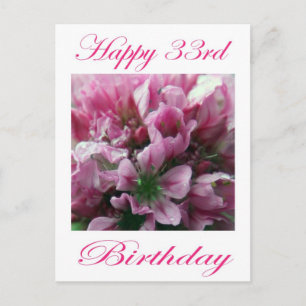 Cartão Postal Feliz 33º aniversário, rosa e flor verde