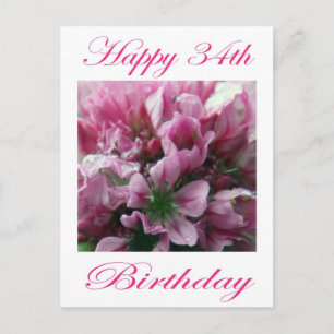 Cartão Postal Feliz 34º aniversário, rosa e flor verde