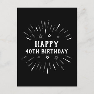 Cartão Postal Feliz 40º Aniversário Fogos de Artifício Preto Bra