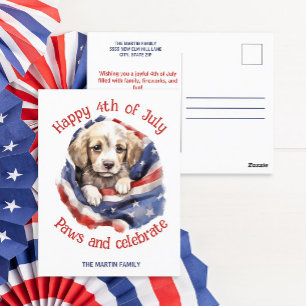 Cartão Postal Feliz 4 de Julho Cachorrinho Fofo Bandeira America