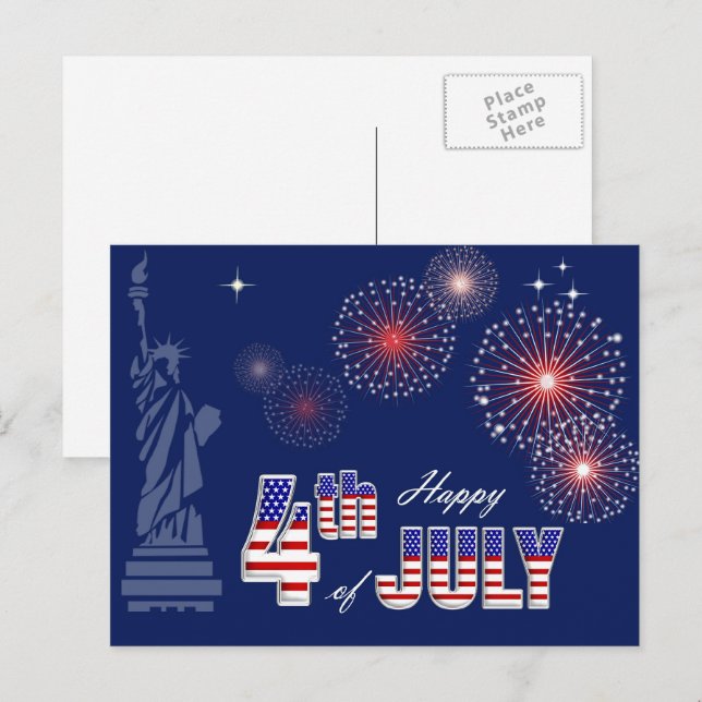 Cartão Postal Feliz 4 de julho. Estátua da Liberdade e Fogos de  (Frente/Verso)