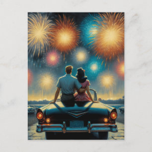 Cartão Postal Feliz 4 de julho Fogos de artifício Casal da déc