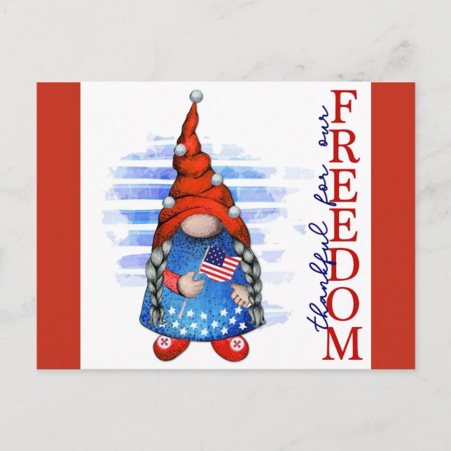 Cartão Postal Feliz 4 de Julho Gnome Fofo Liberdade (Frente)