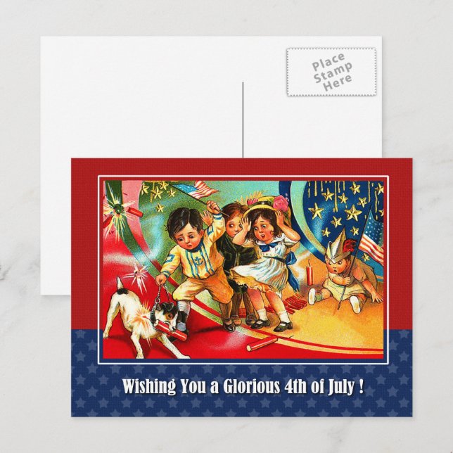 Cartão Postal Feliz 4 de julho. Vintage Kids (Frente/Verso)