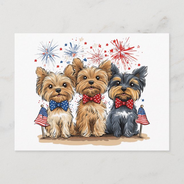 Cartão Postal Feliz 4 De Julho Yorkshire Terrier Dogs (Frente)