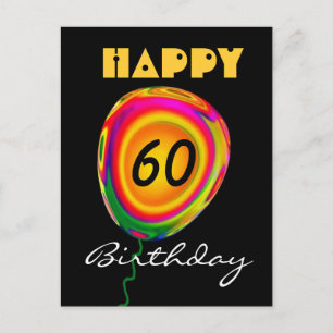 Cartão Postal Feliz 60 Aniversário Colorido Dourado Balão Vermel