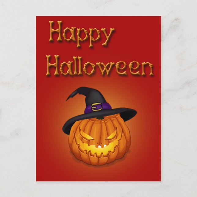 Cartão Postal Feliz Abóbora de Halloween com chapéu (Frente)