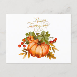 Cartão Postal Feliz Ação de Graças Aquarela Pumpkin e Berries