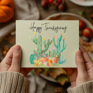 Cartão Postal Feliz Ação de Graças Cacto Aquarela Abóbora