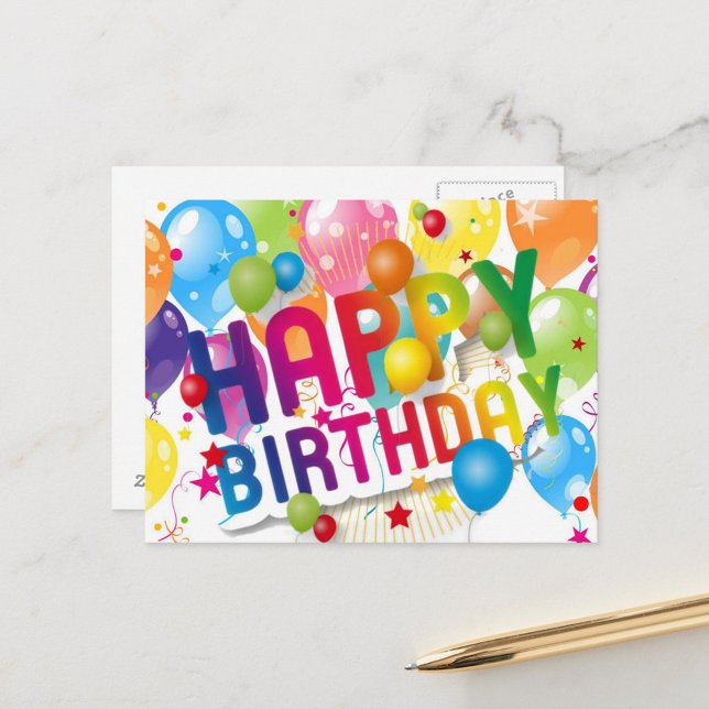 Cartão Postal Feliz aniversário (Happy Birthday text surrounded by confetti and stars.

)