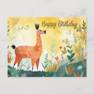 Cartão Postal Feliz Aniversário Alpaca Fofa e Natureza Abstrata