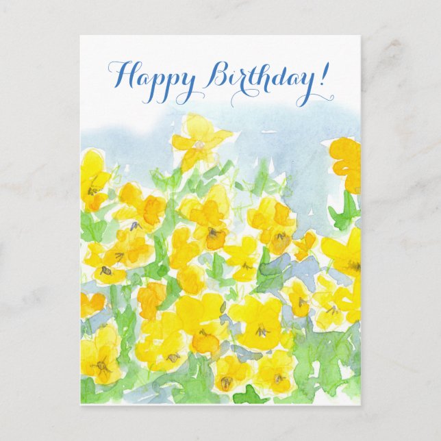 Cartão Postal Feliz Aniversário Amarelo Flores Violas (Frente)