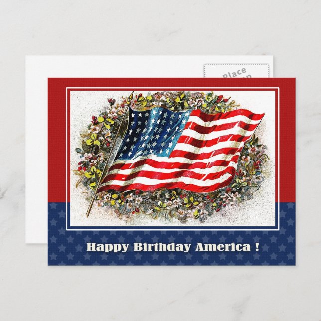 Cartão Postal Feliz aniversário, América. Vintage USA Flag (Frente/Verso)