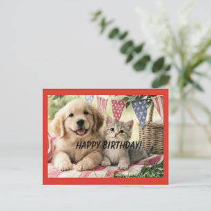 Cartão Postal Feliz aniversário, animais de estimação tão fofos,