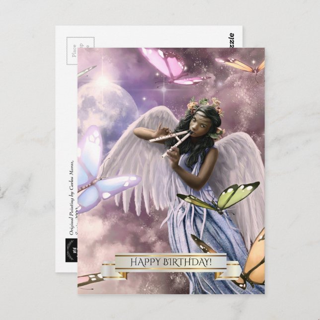 Cartão Postal Feliz aniversário. Anjo com Borboletas (Frente/Verso)