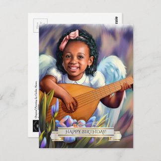 Cartão Postal Feliz aniversário. Anjo Pequeno com Lute
