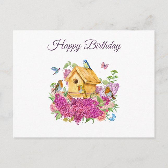Cartão Postal Feliz Aniversário Aquarela Birdhouse Lilac Flowers (Frente)