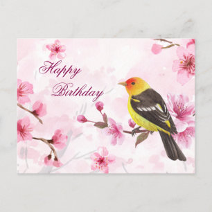 Cartão Postal Feliz Aniversário Aquarela Flor de Cerejeira & Pás
