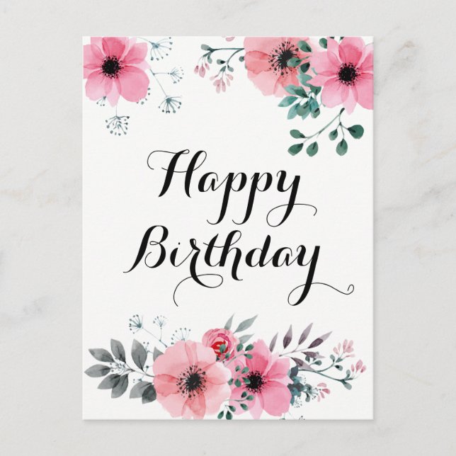 Cartão Postal Feliz Aniversário Aquarela Floral Rosa (Frente)
