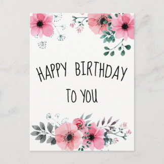 Cartão Postal Feliz Aniversário Aquarela Floral Rosa Bonito