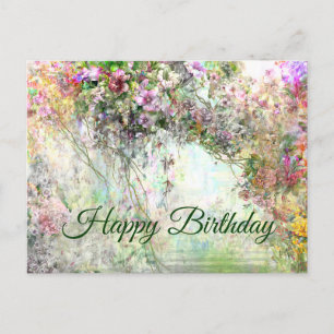 Cartão Postal Feliz Aniversário Aquarela Flores Abstratas