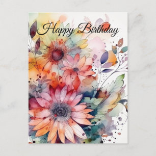 Cartão Postal Feliz Aniversário Aquarela Flores Abstratas