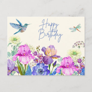 Cartão Postal Feliz Aniversário Aquarela Flores de Íris Natureza