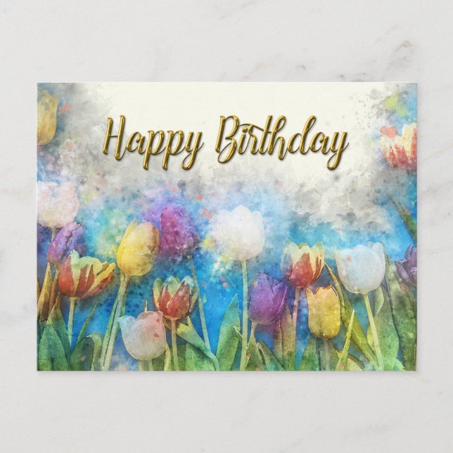 Cartão Postal Feliz Aniversário Aquarela Flores de Tulipa Abstra (Frente)