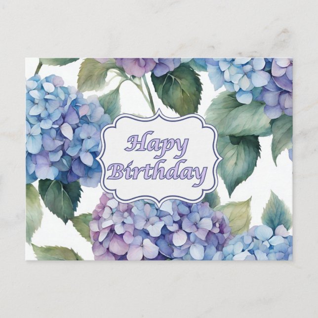 Cartão Postal Feliz Aniversário Aquarela Flores Hydrangea (Frente)