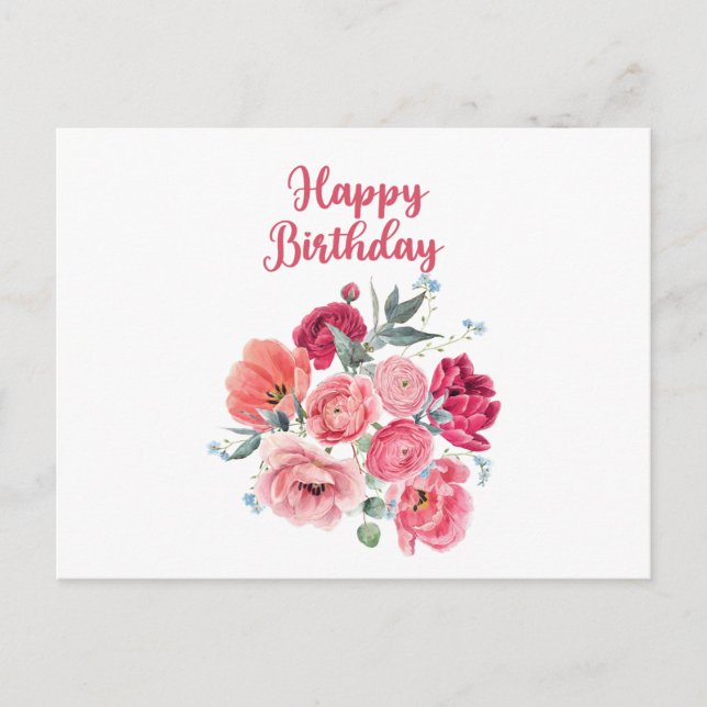 Cartão Postal Feliz Aniversário Aquarela Flores Vermelhas e Rosa (Frente)