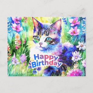 Cartão Postal Feliz Aniversário Aquarela Gato e Flores