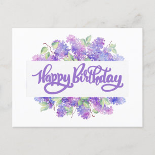 Cartão Postal Feliz Aniversário Aquarela Purple Lilac Flowers